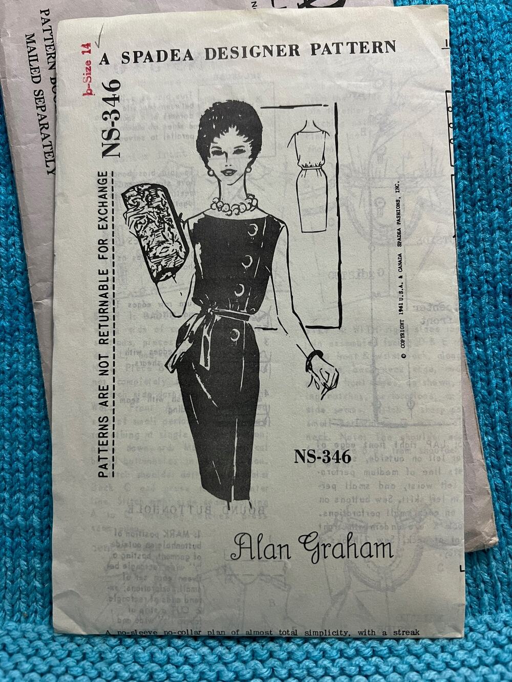 Spadea Sewing pattern Alan Graham sheath dress 1960s size 14